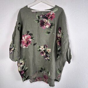 Angela Mara Womens Dolman Sleeve Floral Tunic Top Small Green Lagenlook Italy